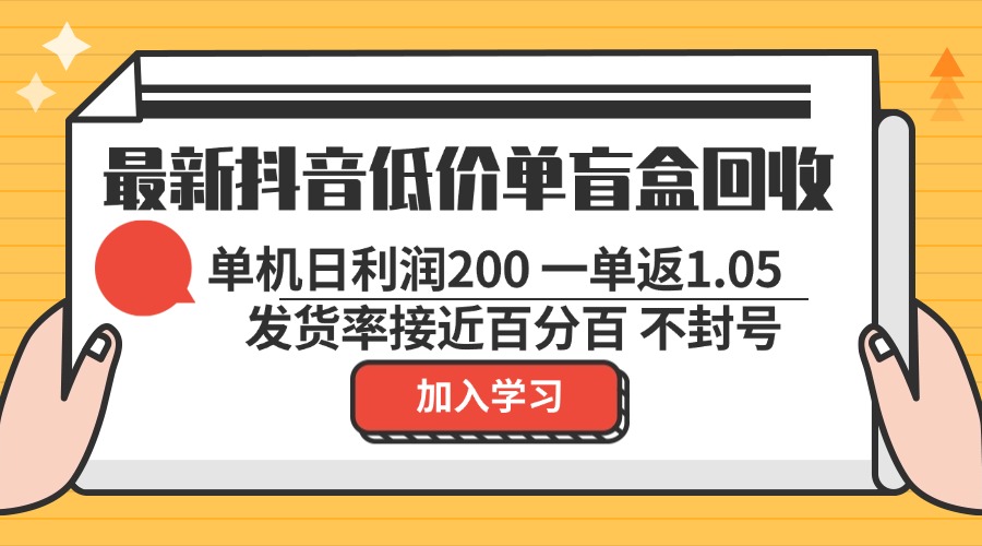 最新抖音低价单盲盒回收 一单1.05 单机日利润200 纯绿色不封号-资源宝库