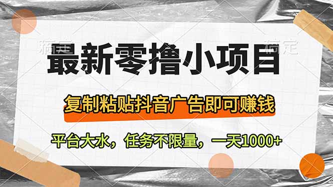 最新零撸小项目，复制粘贴抖音广告即可赚钱，平台大水，任务不限量，一...-资源宝库