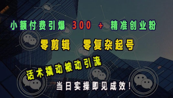 小额付费引爆 300 + 精准创业粉,零剪辑、零复杂起号,话术撬动被动引流,当日实操即见成效-资源宝库