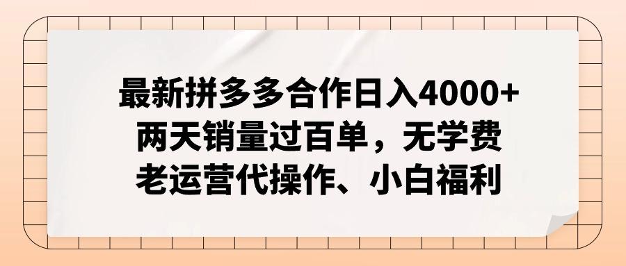 最新拼多多合作日入4000+两天销量过百单，无学费、老运营代操作、小白福利-资源宝库