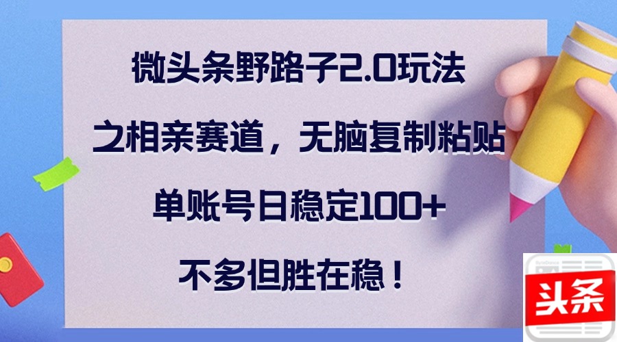 微头条野路子2.0玩法之相亲赛道，无脑复制粘贴，单账号日稳定100+，不...-资源宝库